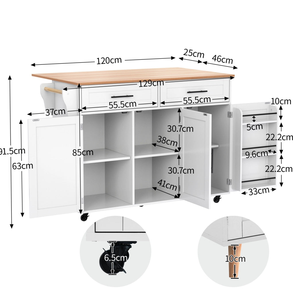 Carrello da cucina con piano pieghevole e ruote, bianco