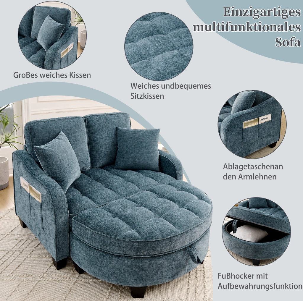Divano letto trasformabile con pouf contenitore; eucalipto; blu; 132 x 129 x 93 cm
