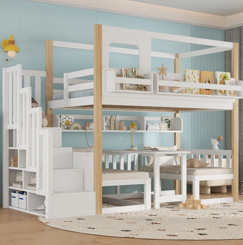 Letto a castello per bambini con tavolo pieghevole regolabile e scala contenitore; 90x200 cm; bianco/naturale
