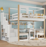 Letto a castello per bambini con tavolo pieghevole regolabile e scala contenitore; 90x200 cm; bianco/naturale
