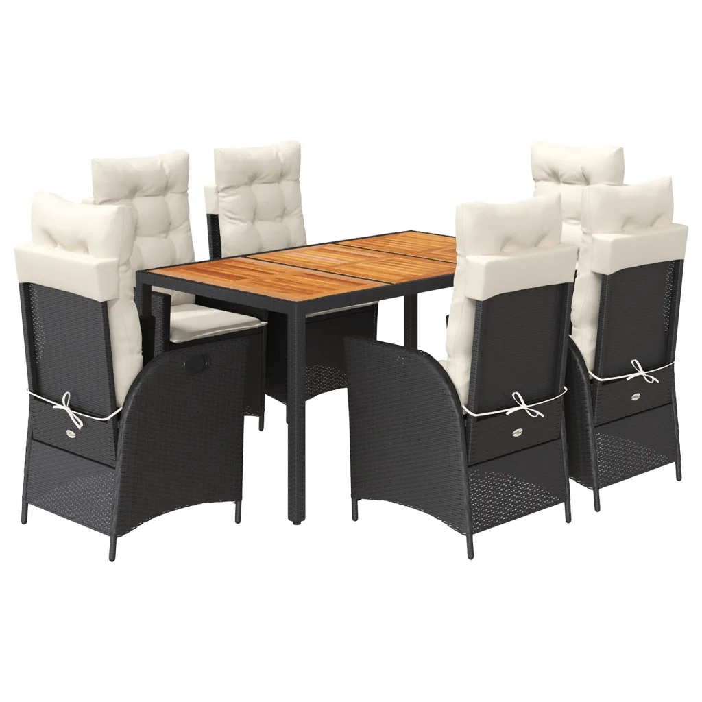 Set da Pranzo da Giardino 7 pz Nero con Cuscini in Polyrattan