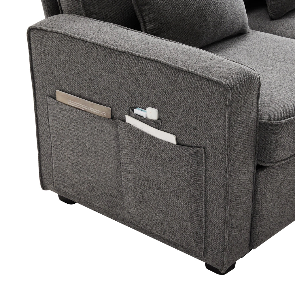 Divano Lineare 4 Posti con Tasche Laterali e 4 Cuscini Lombari, in Lino Grigio Scuro 264 × 83 × 87 cm