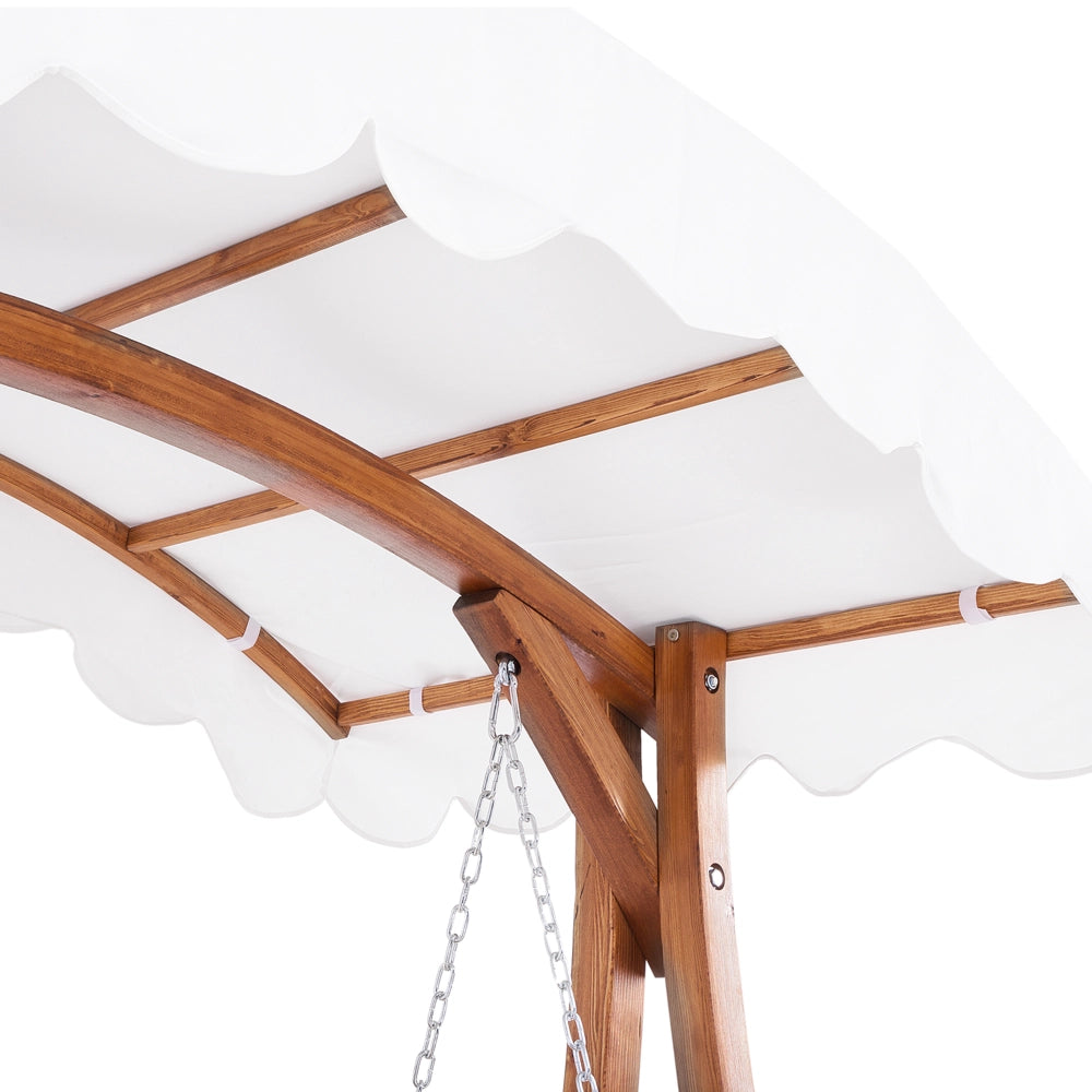 Dondolo da giardino con struttura in legno di larice in tessuto bianco da esterno a 2 posti con baldacchino autoportante