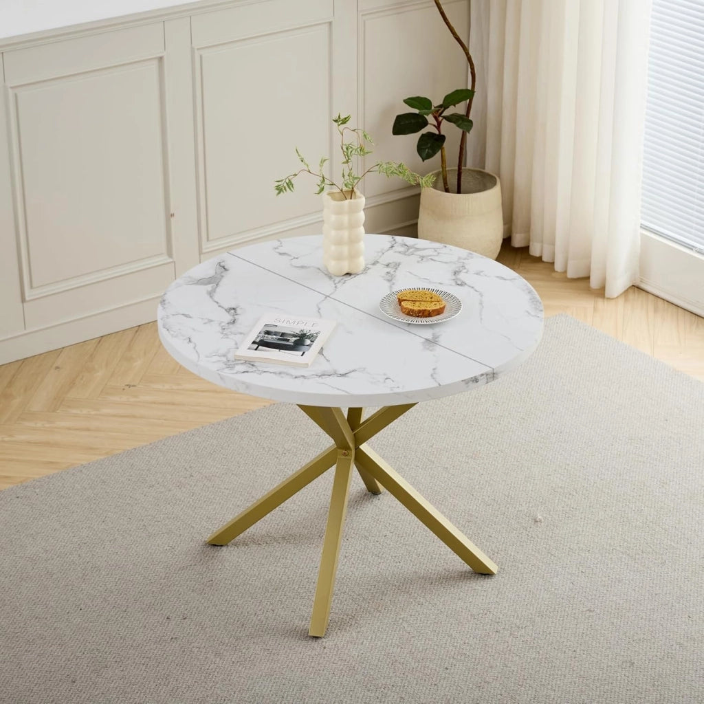 GrandCA HOME Set Tavolo e Sedie da Pranzo, Tavolo da Pranzo Rotondo da 100 CM e 4 Sedie Moderne in Lino, per Sala da Pranzo, Cucina, Soggiorno (Marmo + Grigio Scuro)