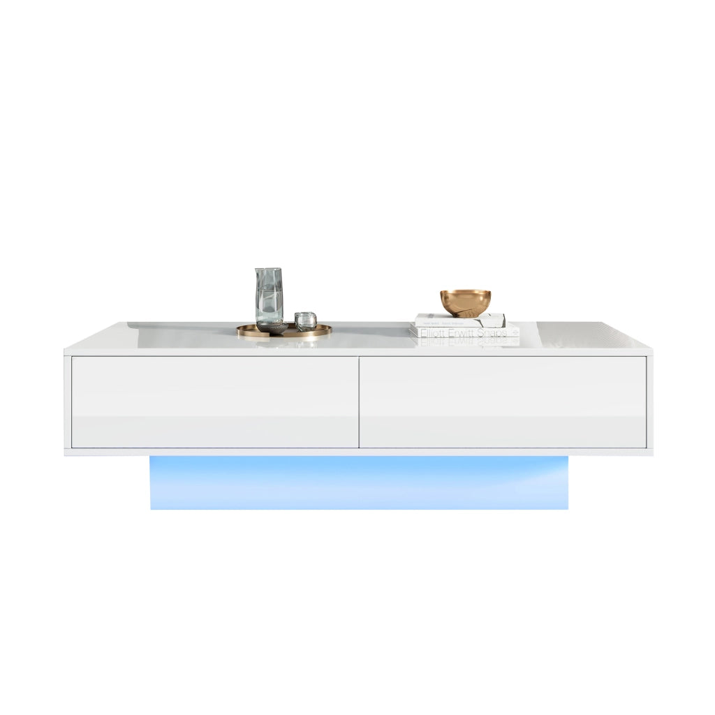 Tavolino da Salotto con 2 Cassetti e LED; Bianco Lucido; Stile Moderno; in Pannello Truciolare; Bianco