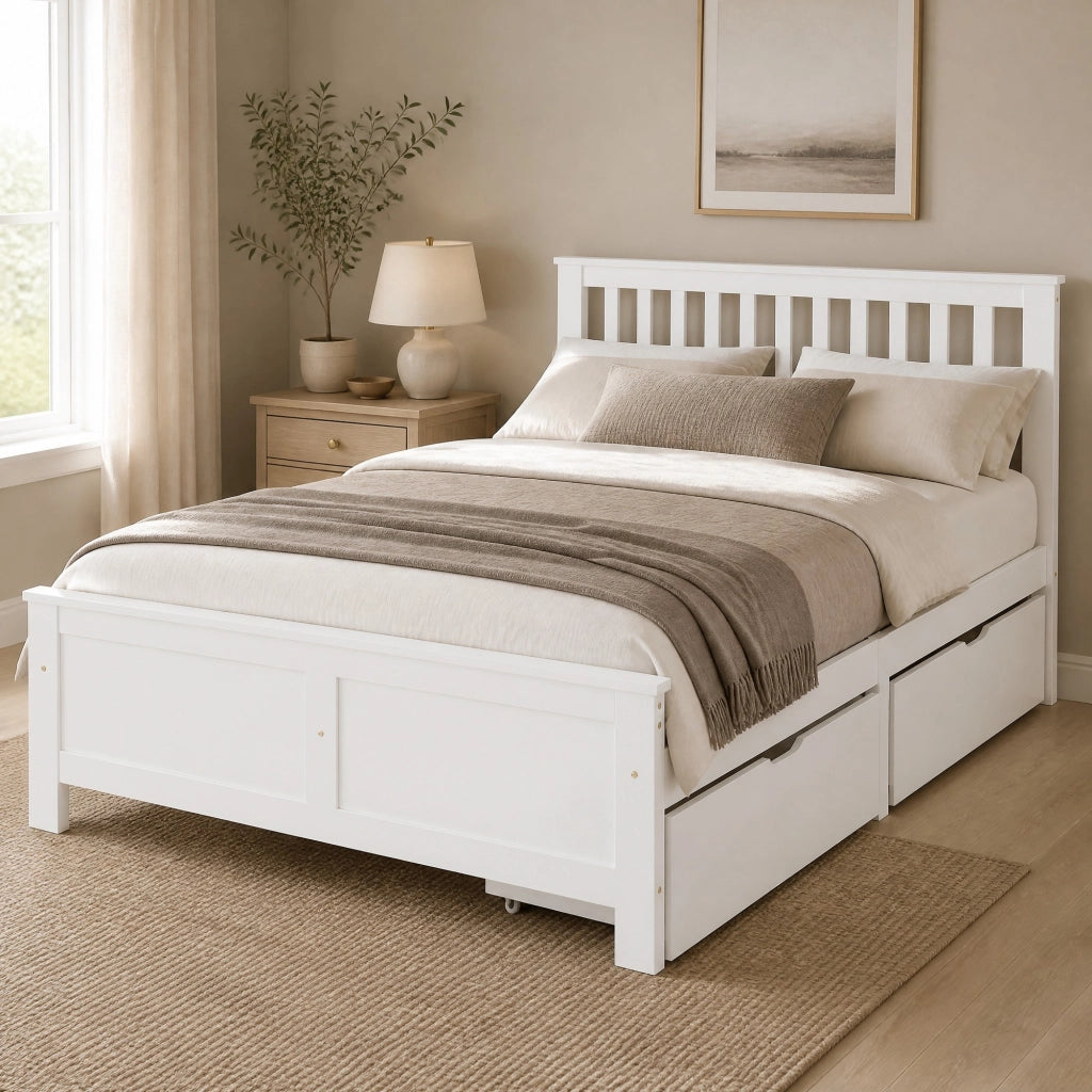 Letto matrimoniale 140x200 cm bianco con 2 cassetti