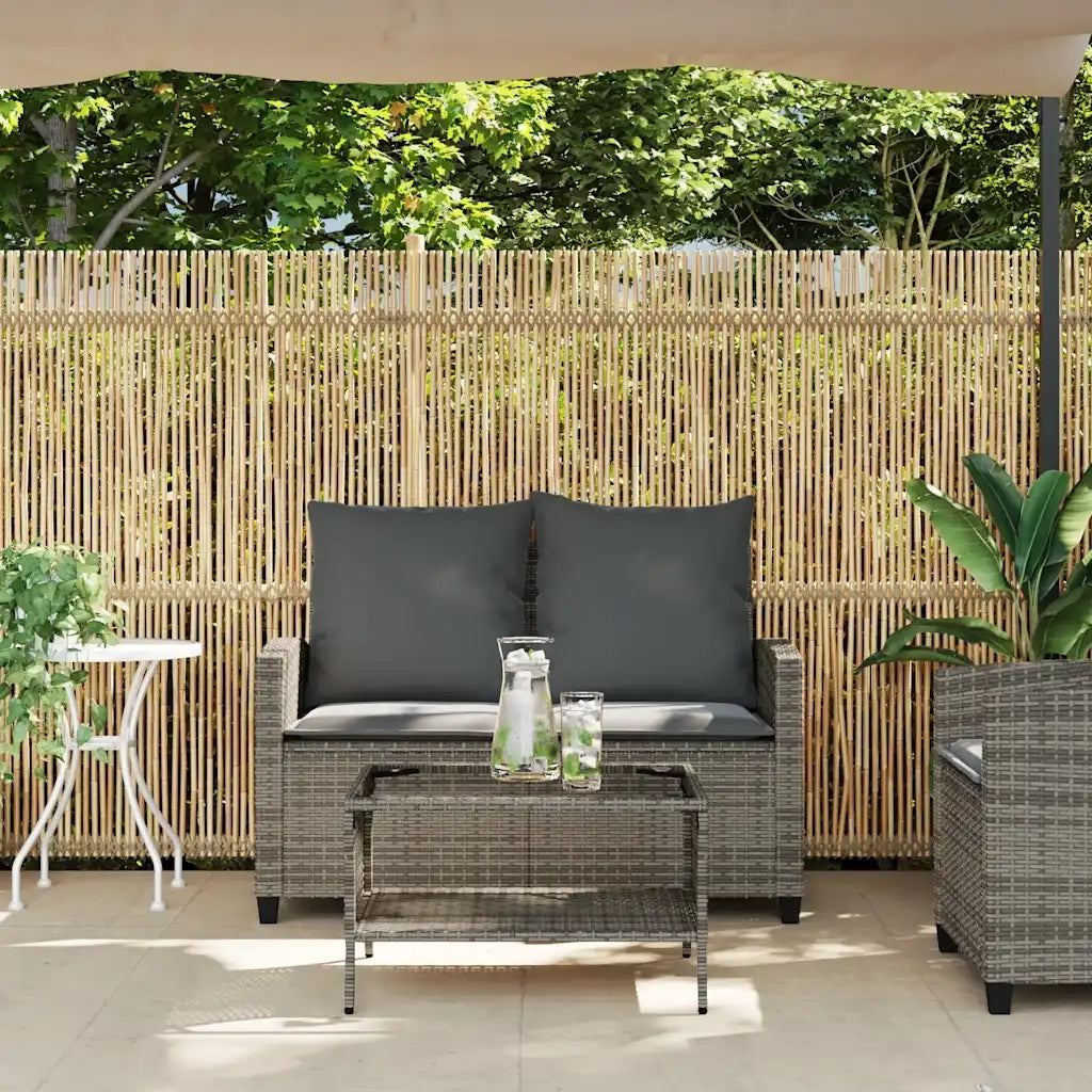 Divano da Giardino a 2 Posti Cuscini&Tavolo Grigio Polyrattan