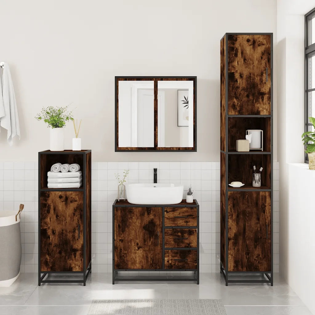 Set Mobili da Bagno 4 pz Rovere Fumo in Legno Multistrato