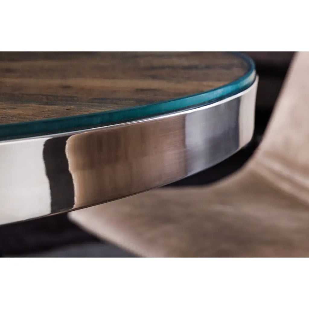 Tavolo da pranzo RAFTA – Legno di teak e vetro temperato – Piede cromato – 120 cm – Rotondo – Stile contemporaneo