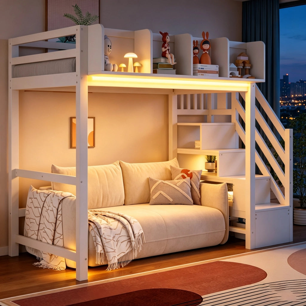 LETTO a soppalco 90x200 cm in legno bianco con LED, scala laterale e vani portaoggetti