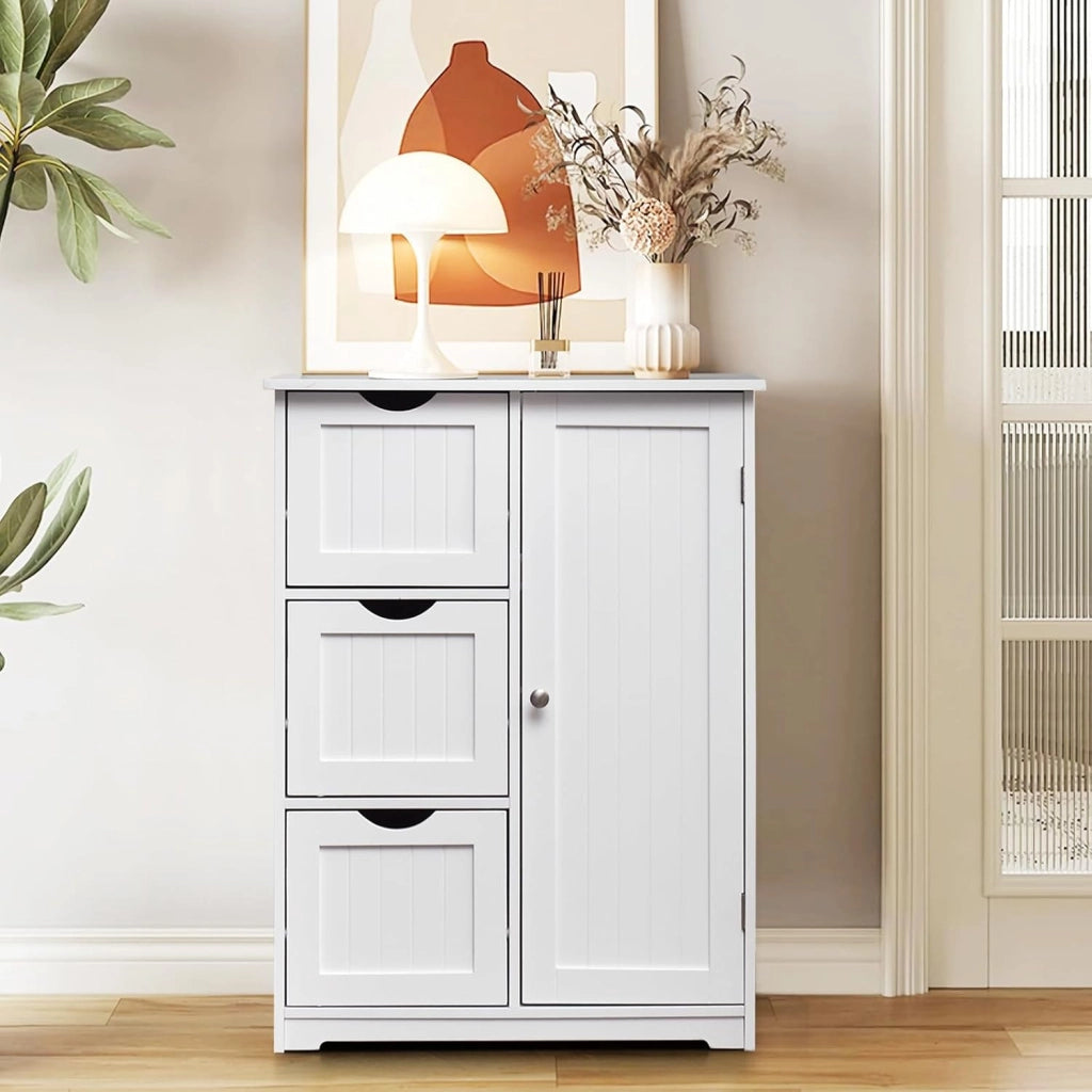Armadietto da bagno con ripiano regolabile, in legno, 60 x 30 x 81 cm, con 3 cassetti e 1 porta, per soggiorno, cucina, corridoio (bianco)