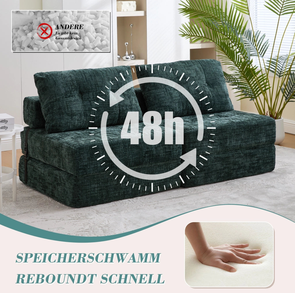 Divano letto pieghevole in ciniglia verde smeraldo con cuscini