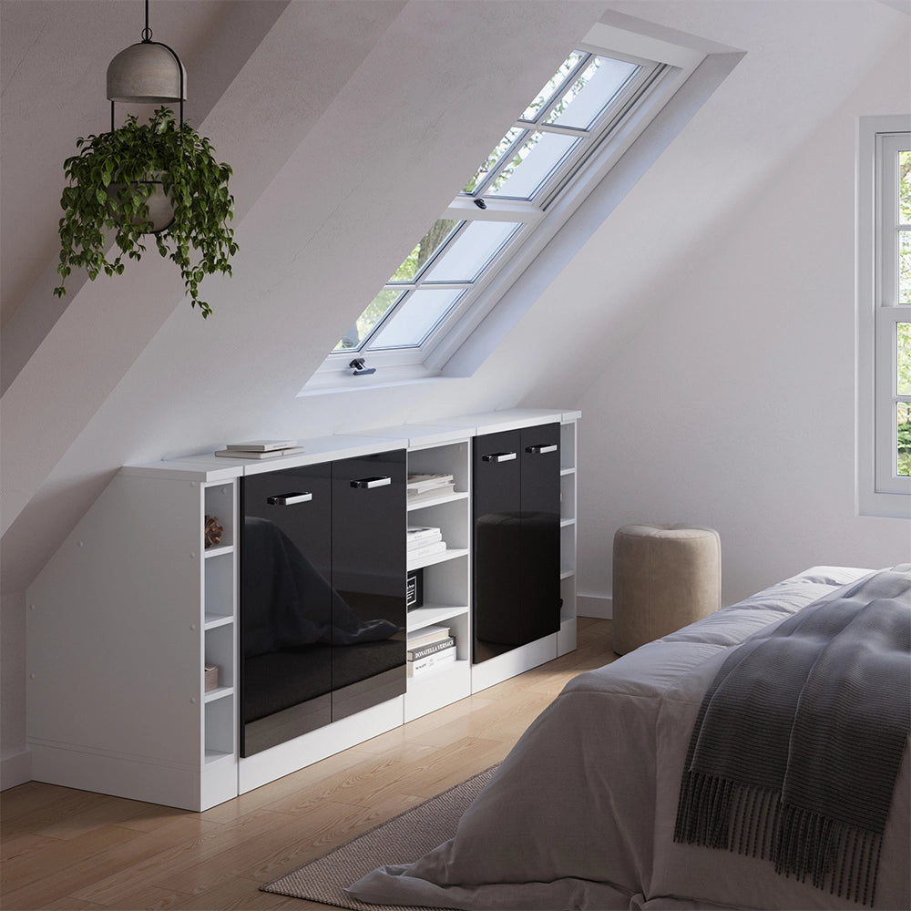 Set di mobili sottotetto Rion Nero lucido/Bianco 210 cm Set di 5 carcasse armadio profondità 60 cm Vicco