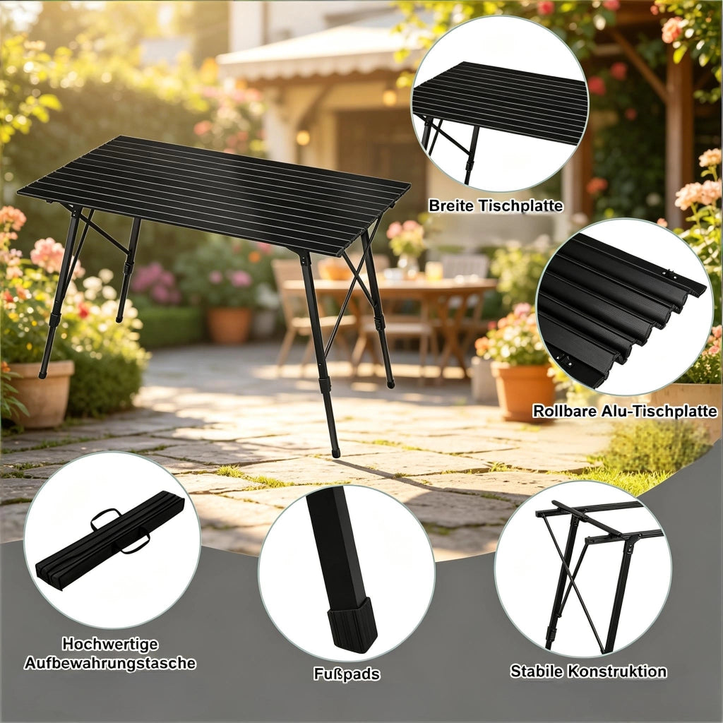 TAVOLO Pieghevole da campeggio regolabile 120 x 68,5 cm Alluminio Nero