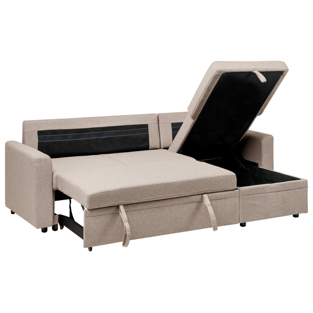 Divano letto angolare con contenitore lato sinistro marrone chiaro rivestimento in poliestere effetto lino contenitore cuscini design moderno
