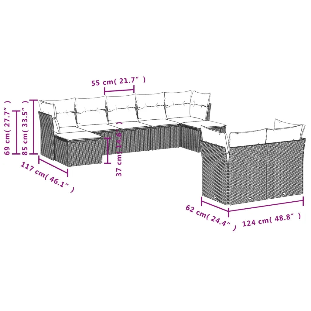 Set Divani da Giardino 9 pz con Cuscini Nero in Polyrattan 3250144