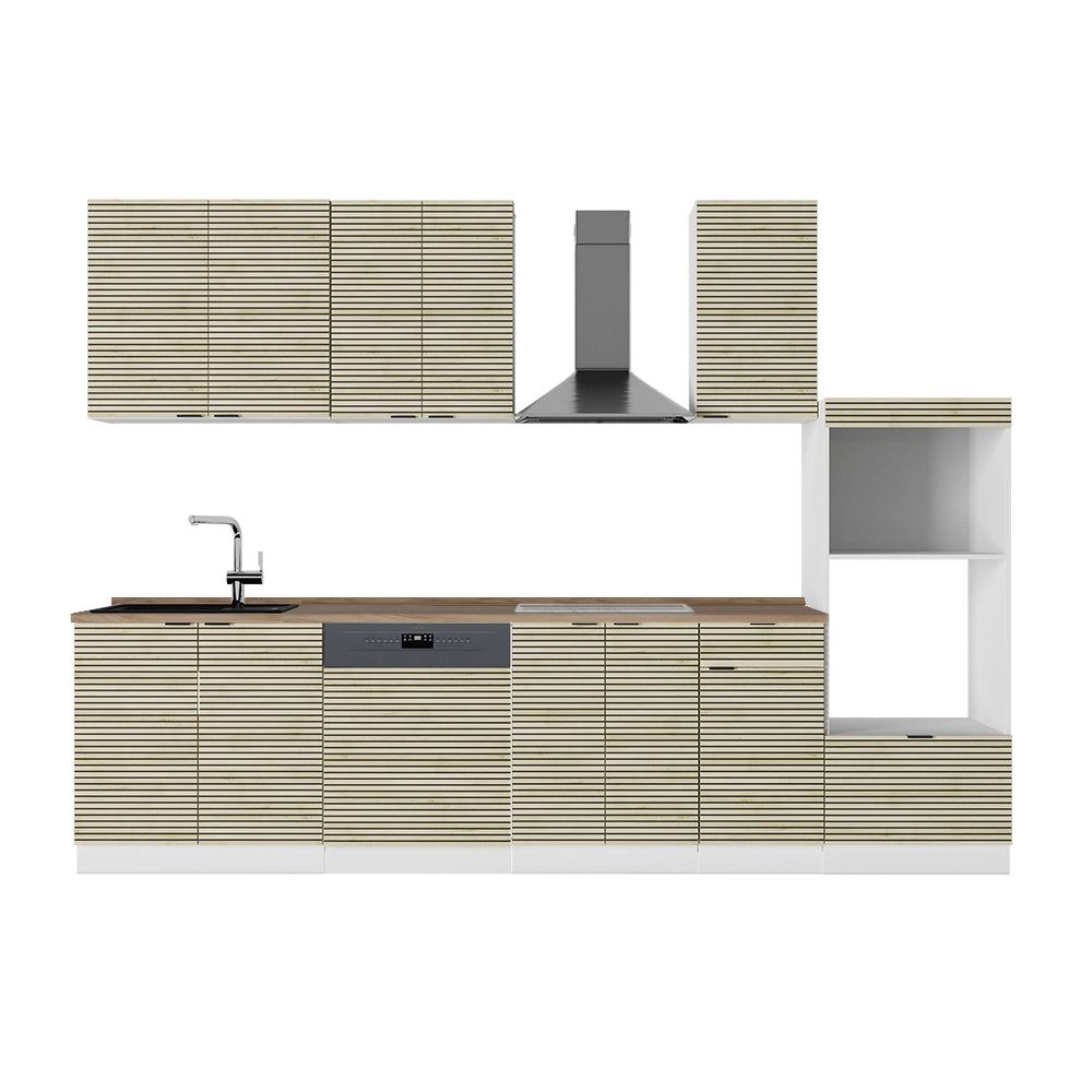 Cucina componibile Fame-Line Pannello in quercia/Bianco 300 cm con armadio alto, PL Rovere Vicco