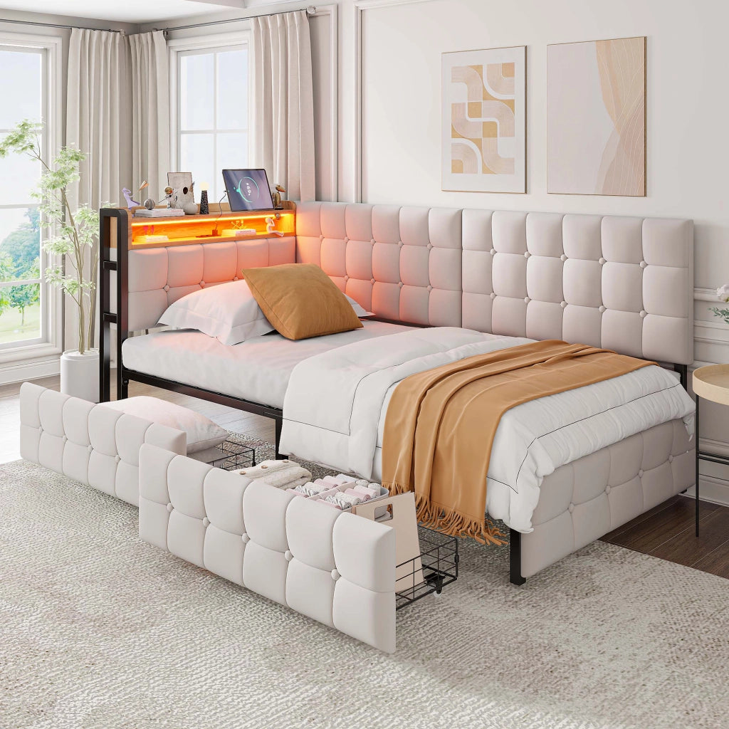 OKWISH Letto Divano 90×200 cm, Letto Singolo con 2 Cassetti, LED Regolabile e USB e Tipo C, senza Materasso, in Tessuto, Beige