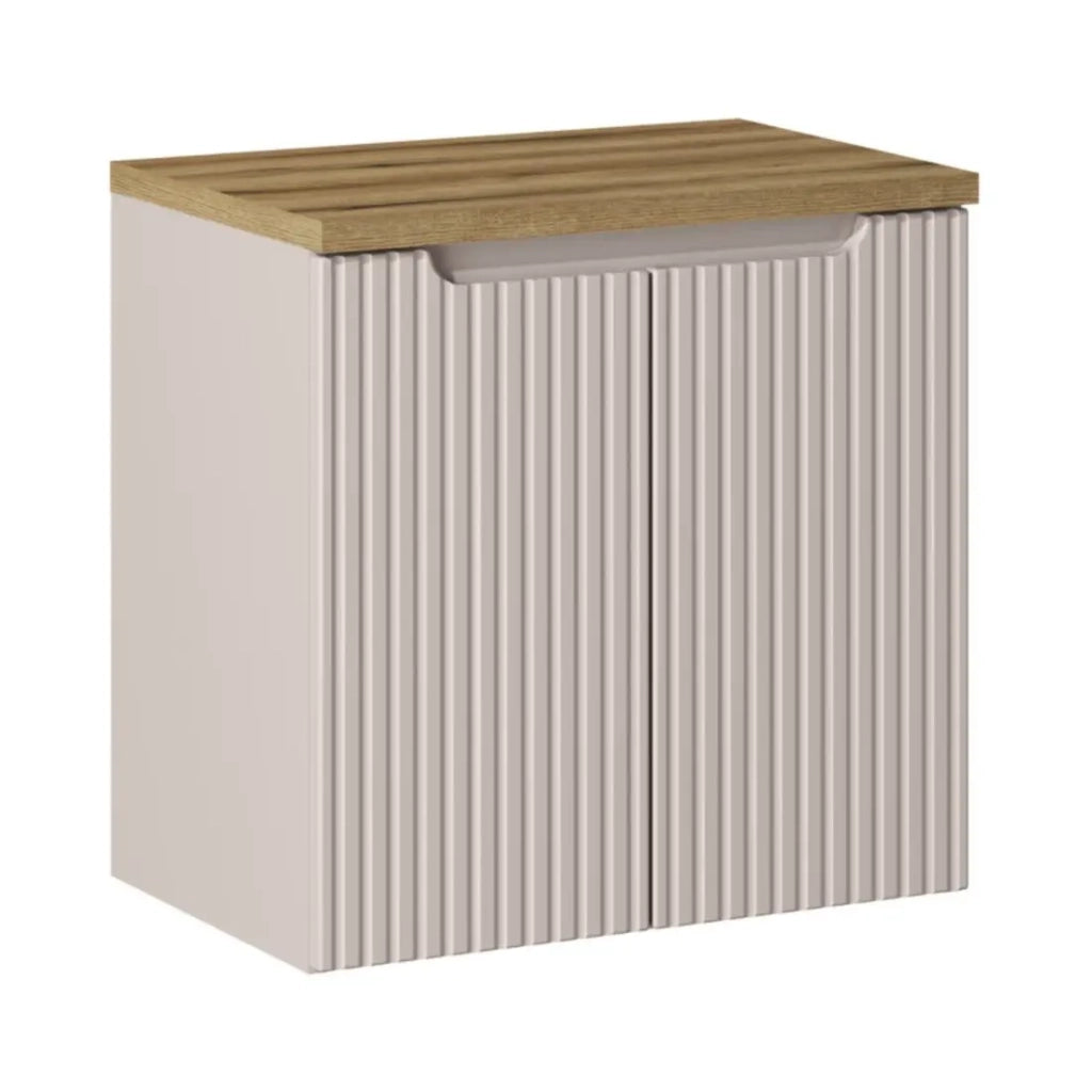Set da bagno VANO cashmere e quercia 60cm: mobile sotto lavabo con ante a scanalature verticali + piano per lavabo