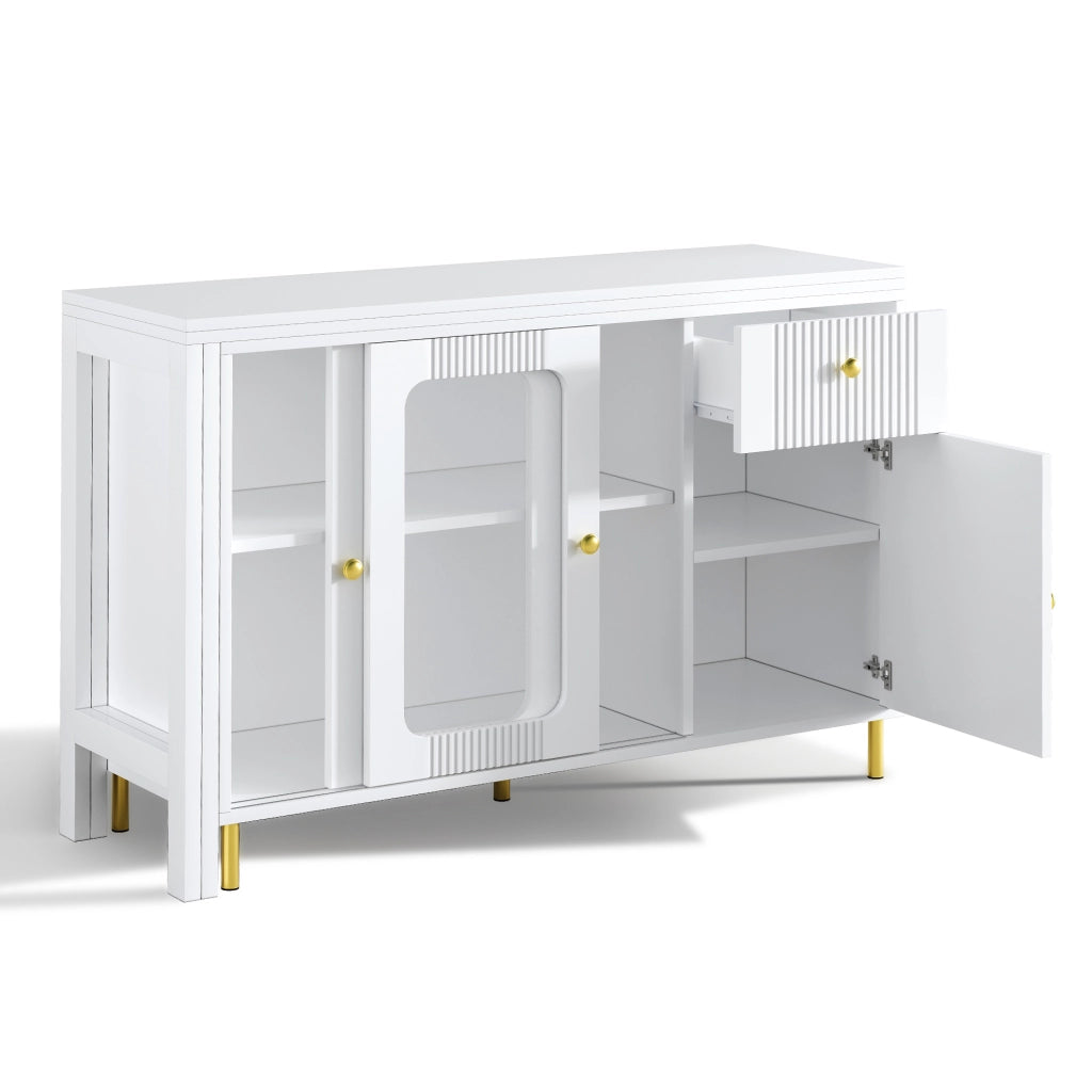 Sideboard moderno bianco con piano estensibile, ante scorrevoli in vetro e gambe metalliche dorate