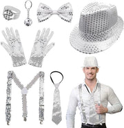 Cappello da jazz per uomini con pailletten, cravatta disco e cravatta farfalla per feste tematiche e spettacoli di jazz (argento)
