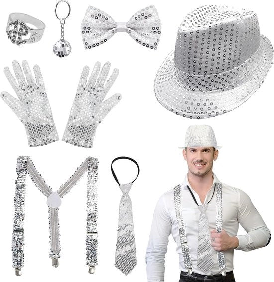 Cappello da jazz per uomini con pailletten, cravatta disco e cravatta farfalla per feste tematiche e spettacoli di jazz (argento)
