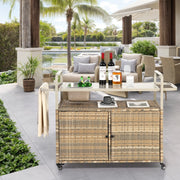 Tavolo da bar esterno; carrello da bar in vimini con armadio; carrello da cortile con piano in acciaio; con un secchio del ghiaccio; ruote chiudibili; cesto laterale per giardino; a bordo piscina e giardino; beige