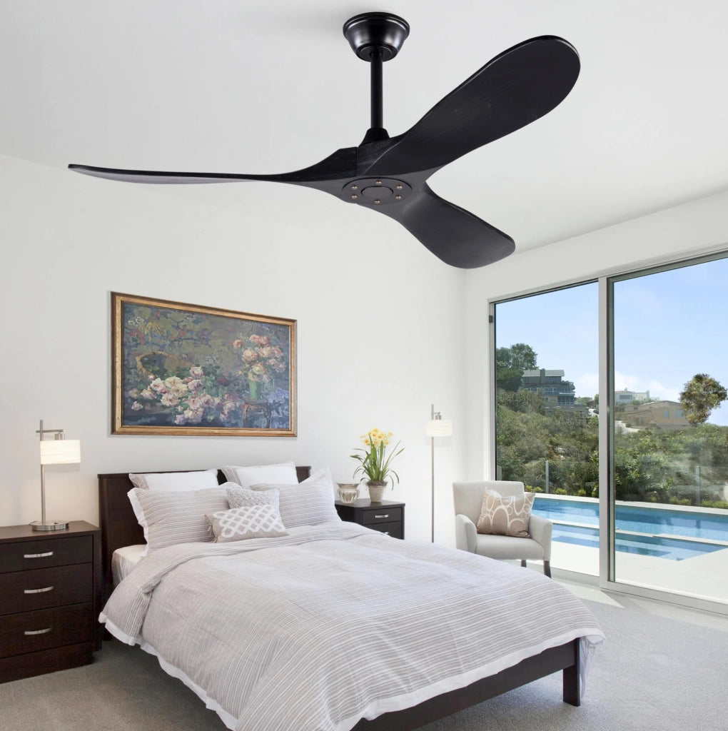 Ventilatore da soffitto 52" nero con 3 pale in legno di Paulownia, telecomando, 6 velocità