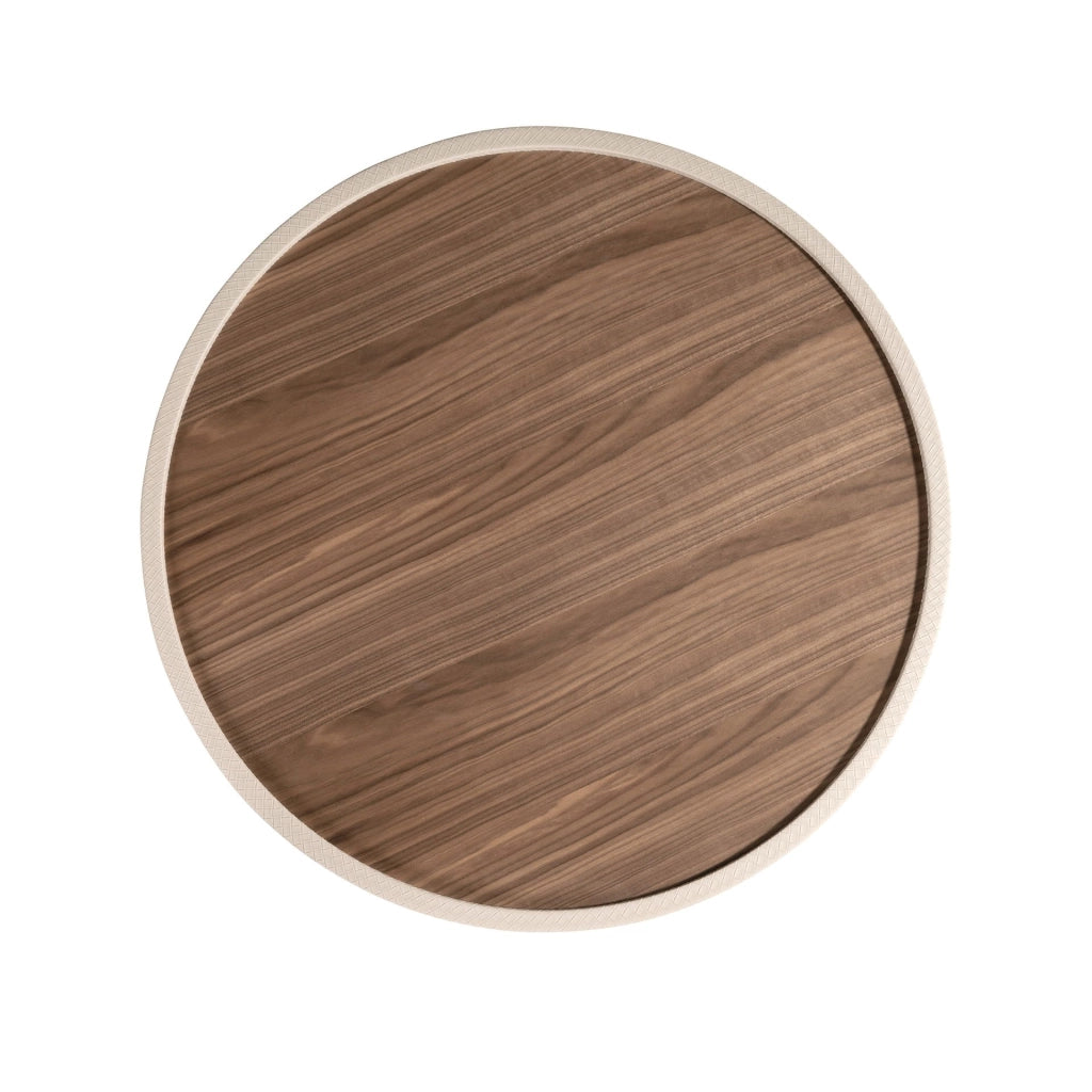 Tavolino da caffè rotondo in noce e legno rivestito in similpelle color sabbia