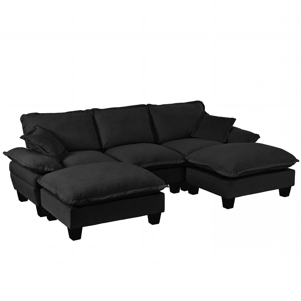 Divano panoramico a U modulare con pouf rimovibile e cuscini in chenille nero