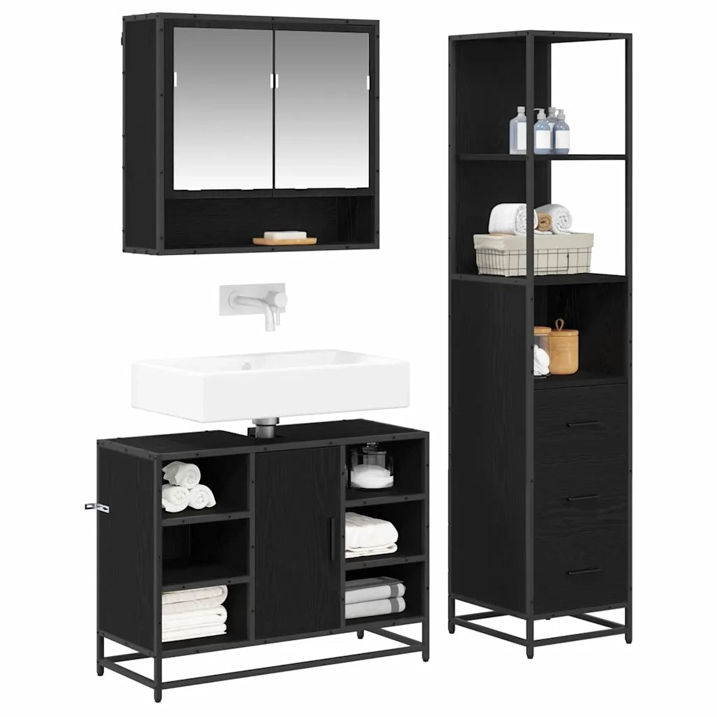 Set di mobili per il Bagno | Armadio da bagno 3 pz Rovere Nero Legno multistrato