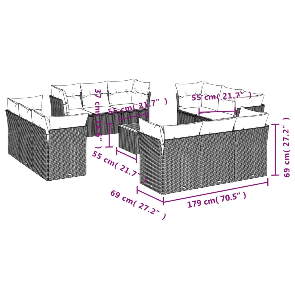 Set Divani da Giardino 13pz con Cuscini Nero in Polyrattan 3223536