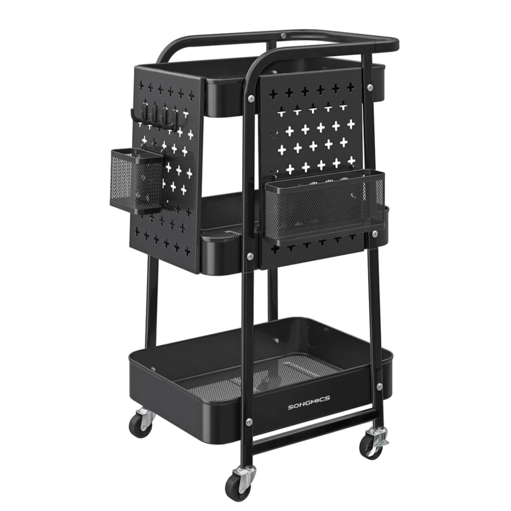 Carrello portaoggetti 3 ripiani in rete metallica 2 pannelli forati estraibili 2 ripiani appendiabiti 4 ganci per ufficio cucina soggiorno bagno nero 12_0005011
