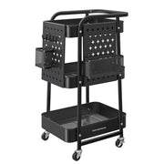 Carrello portaoggetti 3 ripiani in rete metallica 2 pannelli forati estraibili 2 ripiani appendiabiti 4 ganci per ufficio cucina soggiorno bagno nero 12_0005011