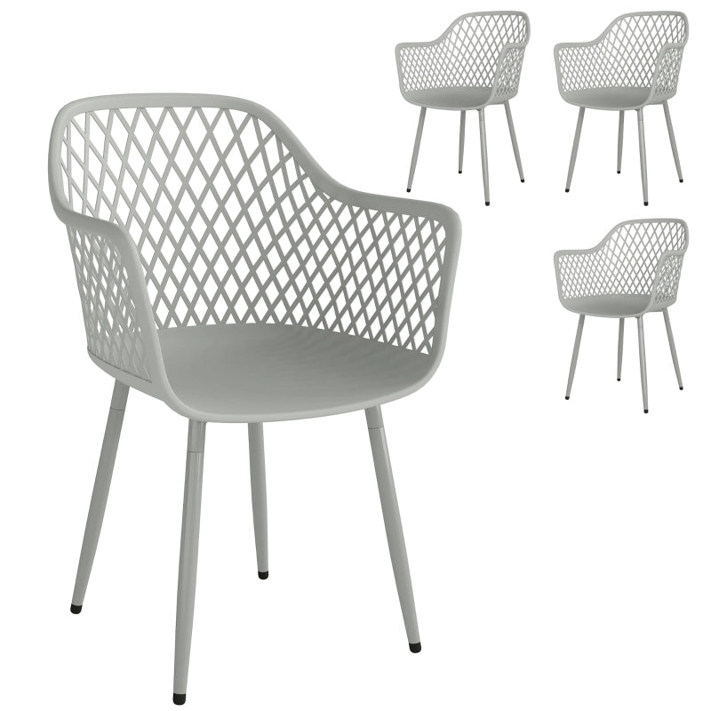Set di 4 sedie da giardino in plastica con braccioli, schienale avvolgente e gambe in metallo, 56 x 51 x 84 cm, grigio