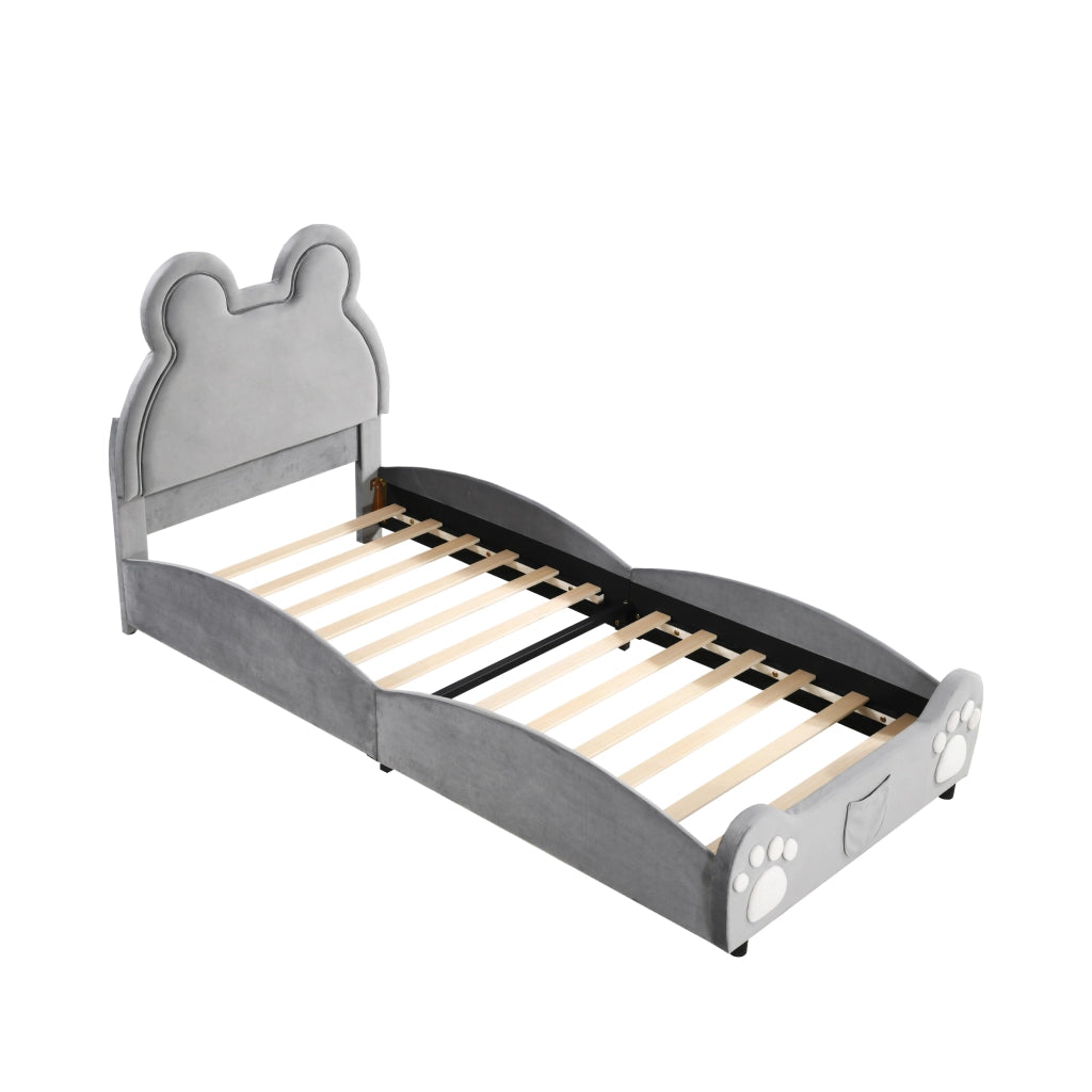 OKWISH Letto Bambino 90×200 cm, Letto Singolo con Testiera a Forma di Orso e Rivestimento in Velluto, senza Materasso, Grigio