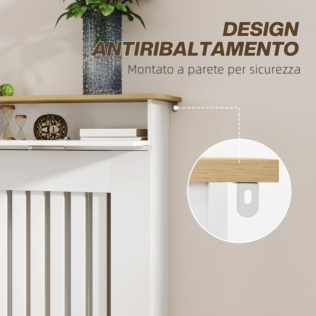 Copritermosifone a Doghe Antiribaltamento 112x19x97 cm con Vano Contenitore in Legno Bianco