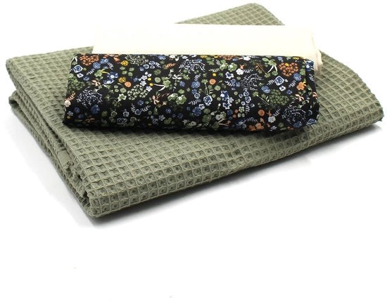 Set di stoffa wafel piqué + set di tessuti in cotone color coordinato stoffa wafel 100% cotone Tex Standard 100 (Fine Flowers Set55)