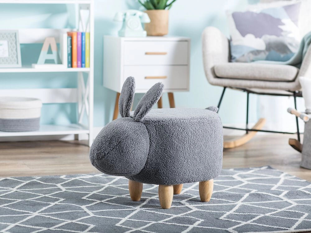 Sgabello per bambini Tessuto in poliestere grigio Gambe in legno imbottite Poggiapiedi per la cameretta dei bambini