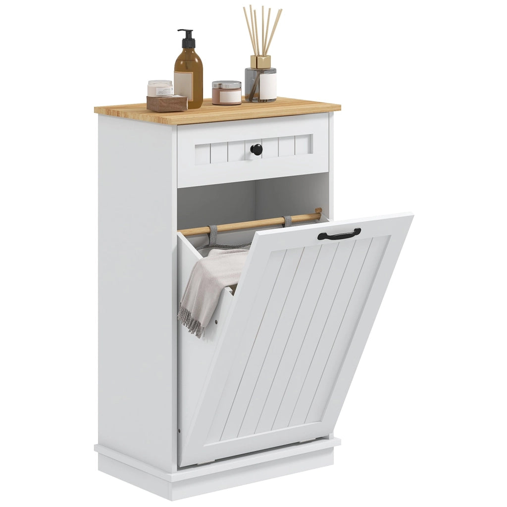 Mobiletto da Bagno Portabiancheria Cesto a Ribalta e Cassetto 52x33x90 cm Bianco