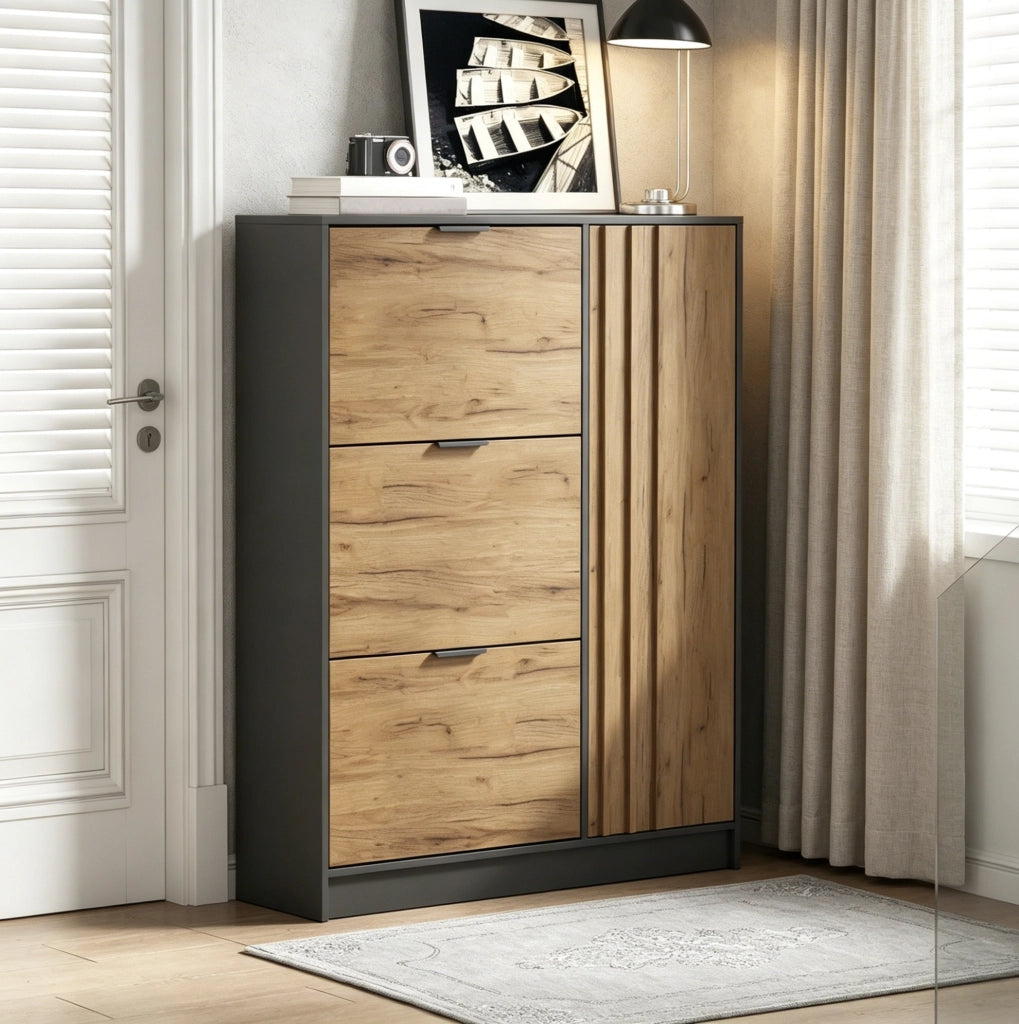 Scarpiera in MDF 100x30x130 cm con 3 vani a ribalta e anta