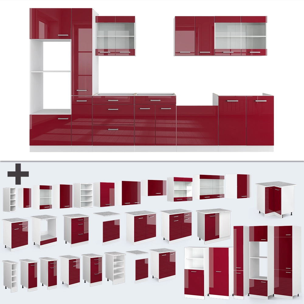 Mobile da cucina R-Line Rosso lucido/Bianco 350 cm con armadio alto, PL Rovere Vicco
