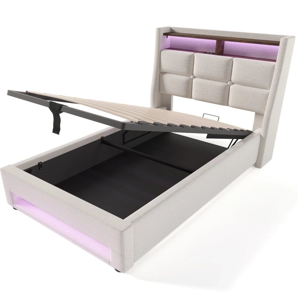 Letto imbottito ULEVR 90x200 cm con contenitore a gas, LED e 2 USB, lino beige chiaro