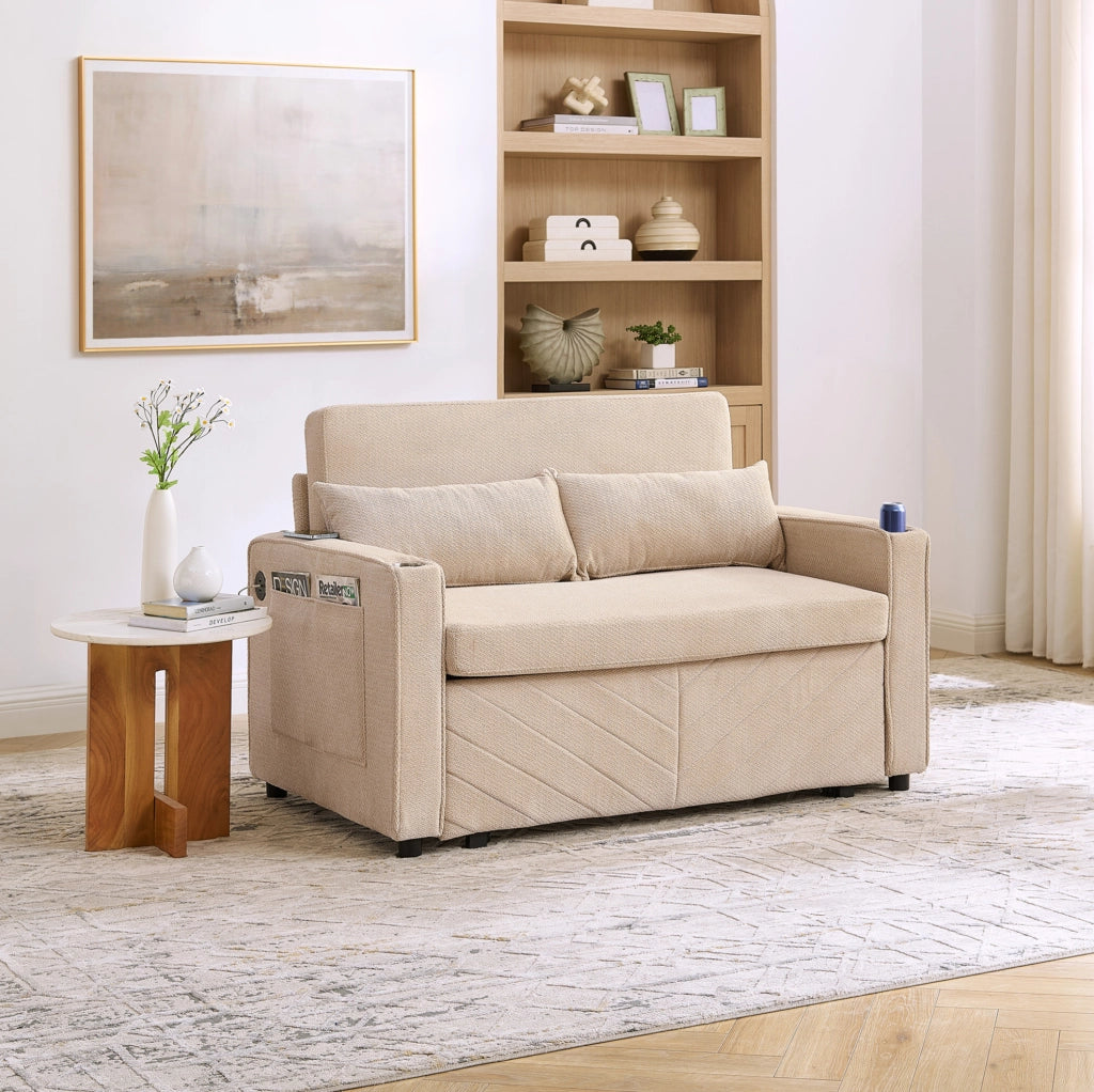Divano letto 2 posti beige in legno e tessuto; con porte USB