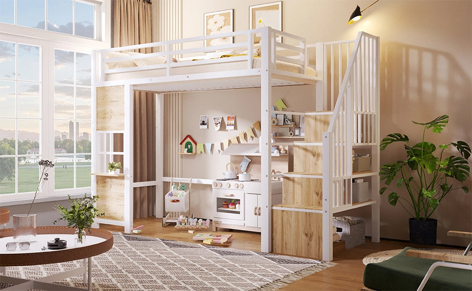 Letto a soppalco 90 × 200 cm con scala contenitore, vano aperto inferiore, barriera di sicurezza, senza materasso, bianco