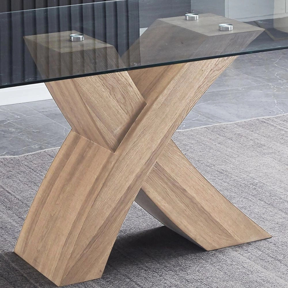 Tavolo fisso Duncan con piano in vetro e gambe incrociate effetto legno 150x90x76H