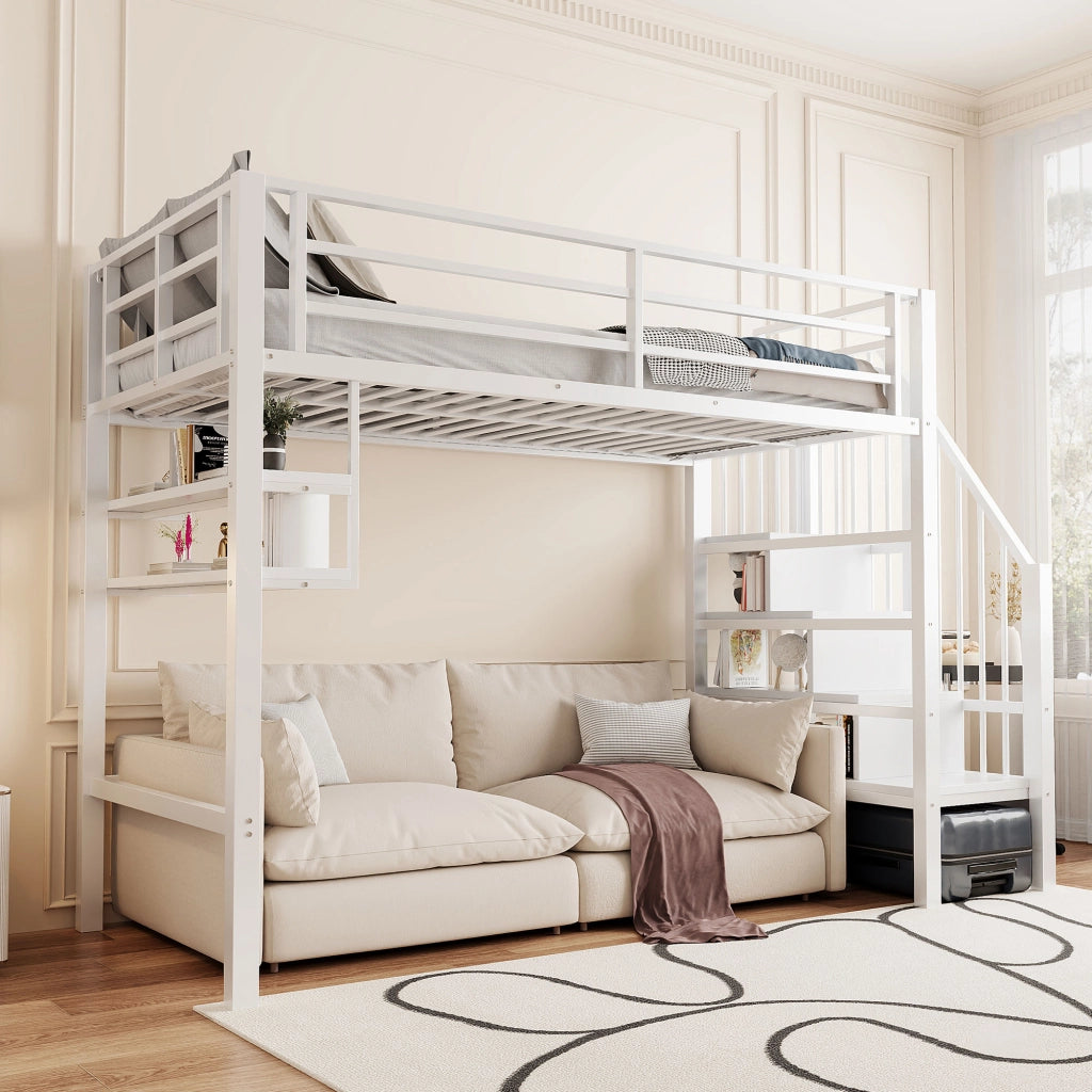 OKWISH Letto a soppalco 90×200 cm, Letto Singolo con Mensole, Scala con Contenitore e Sponda, senza Materasso, in Metallo, Bianco