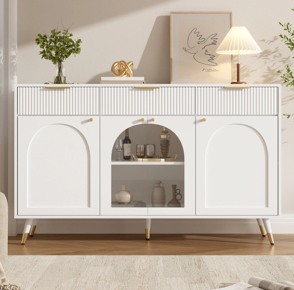 Credenza 4 ante e 3 cassetti con inserti in acrilico; bianca; 140x40x85;5 cm