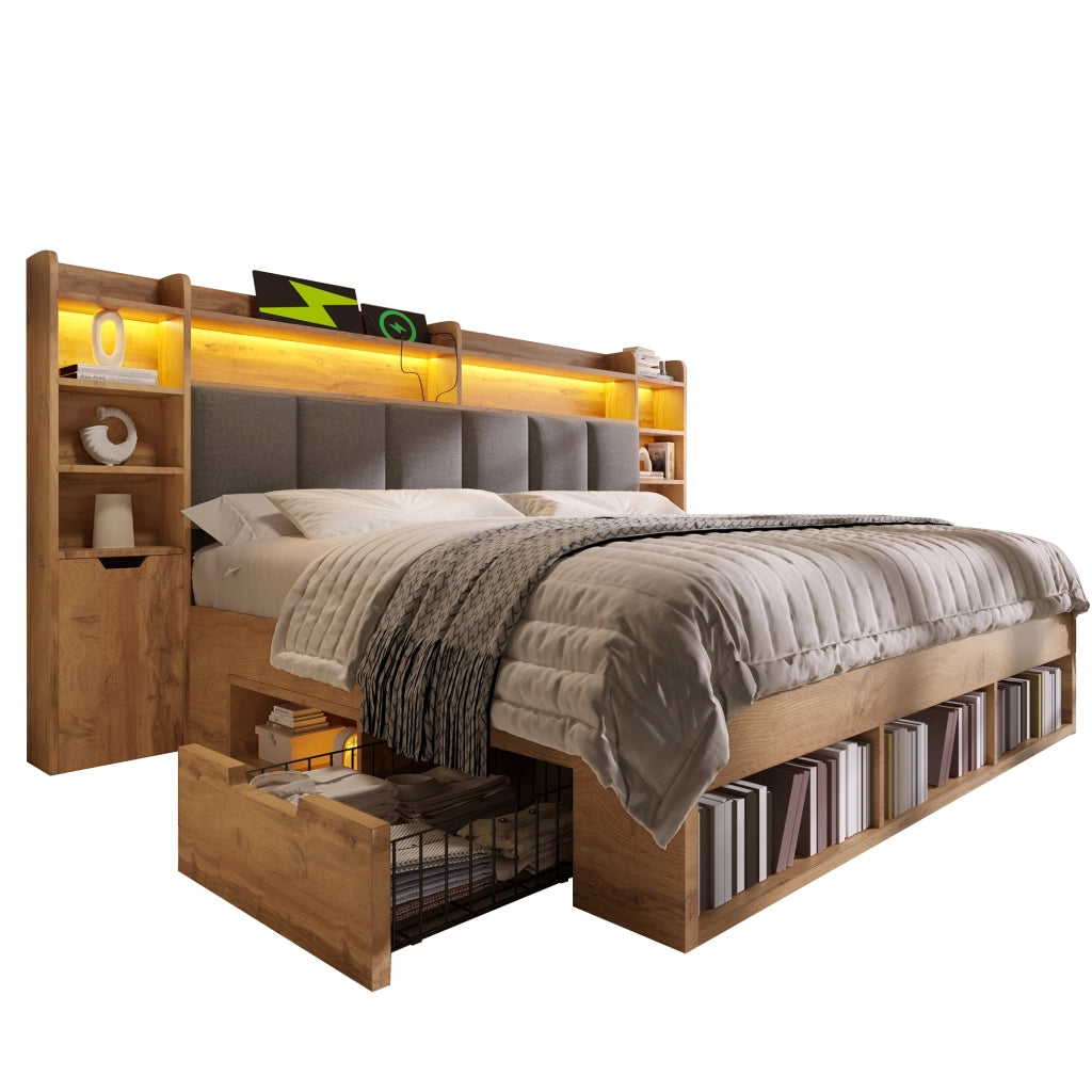 Letto in legno con testiera LED, comodini USB-C e cassetti, 160x200 cm, quercia