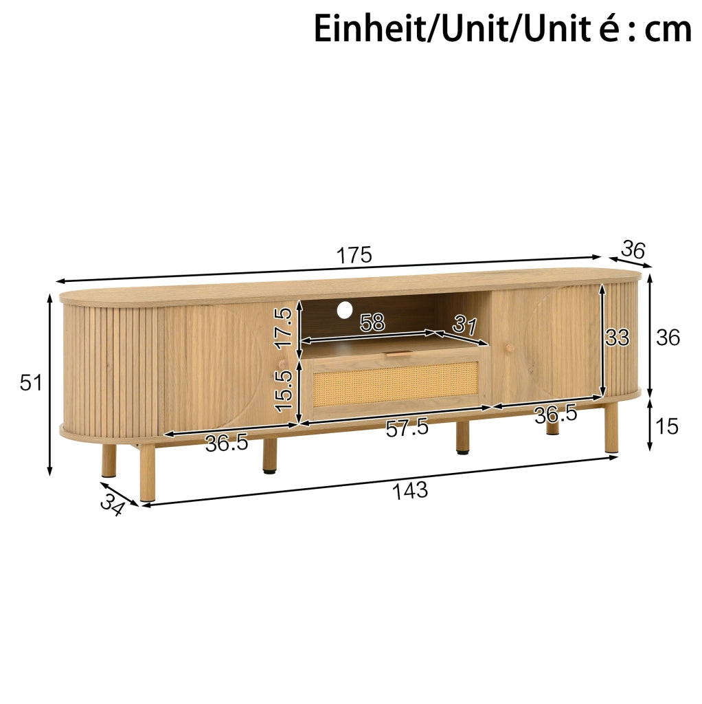 Mobile TV in MDF naturale con cassetto in rattan, ante e passacavi, 175 cm